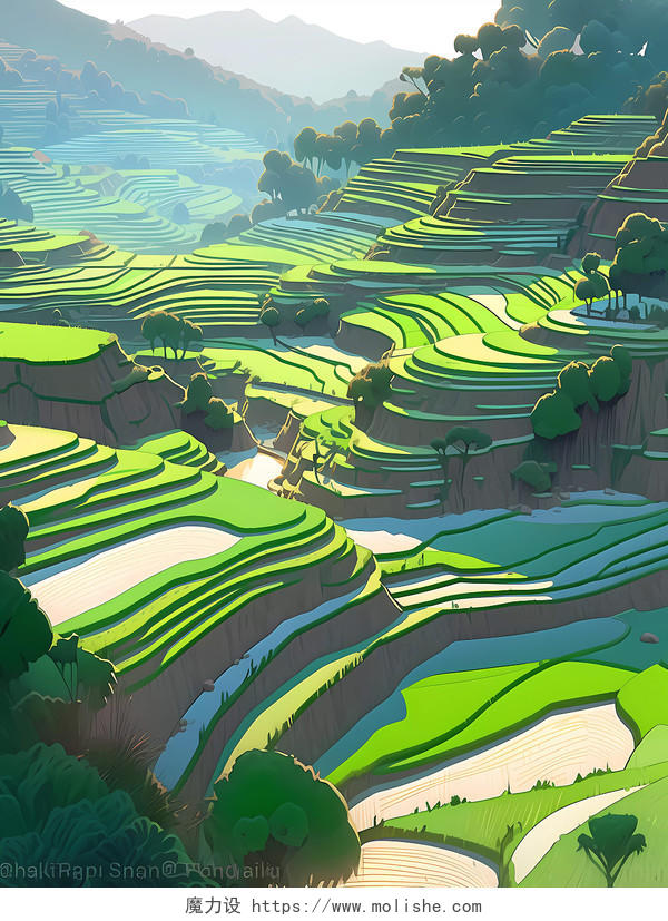 夏天皮克斯风格种植稻田的山地梯级场景
